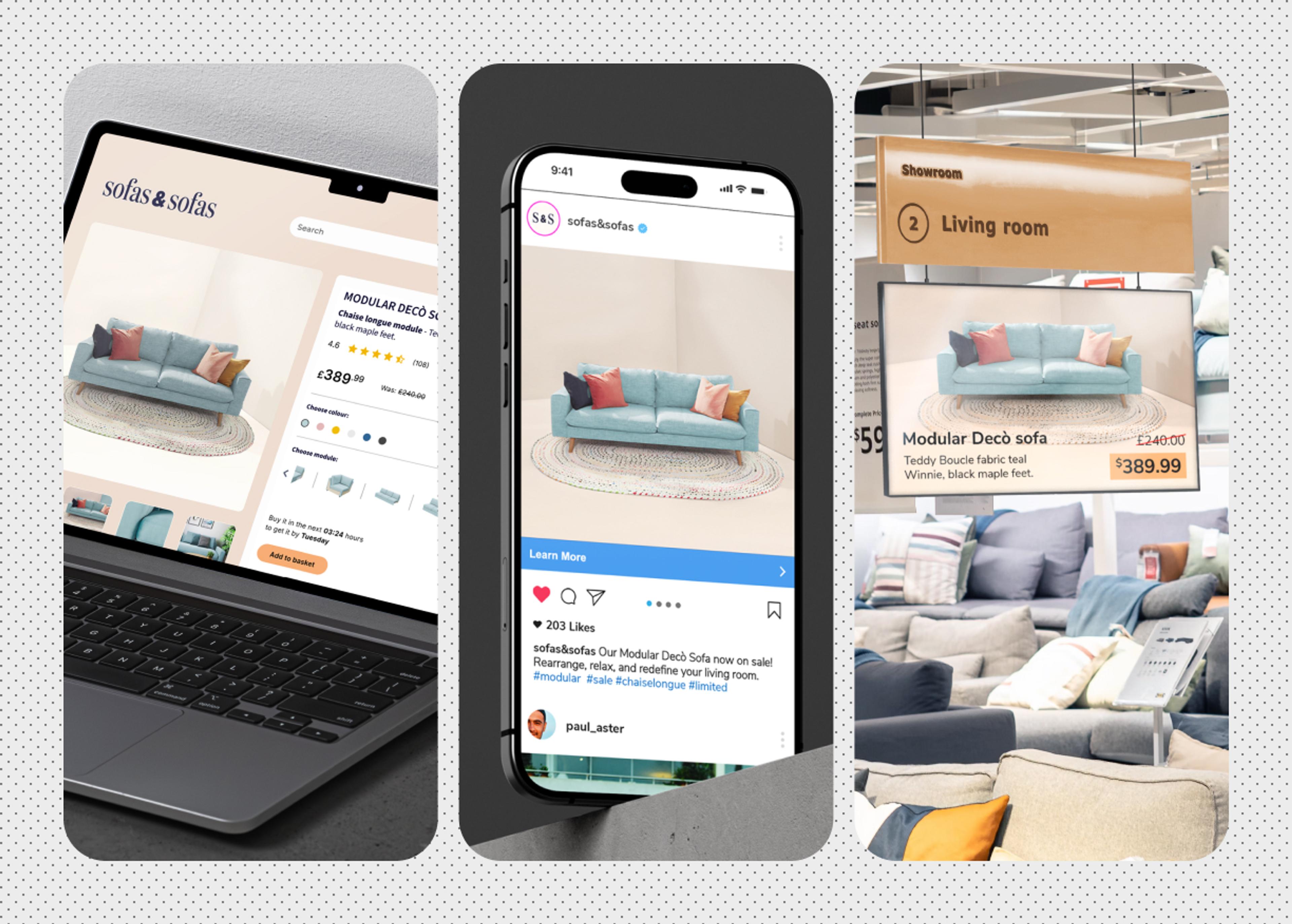a collage of three different images of a couch on a laptop , phone , and in store monitor.