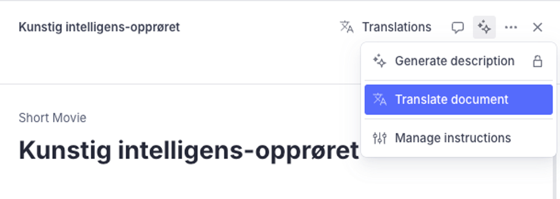Shows the top-level document menu for AI Assist instructions open with a "Translate document" option highlighted