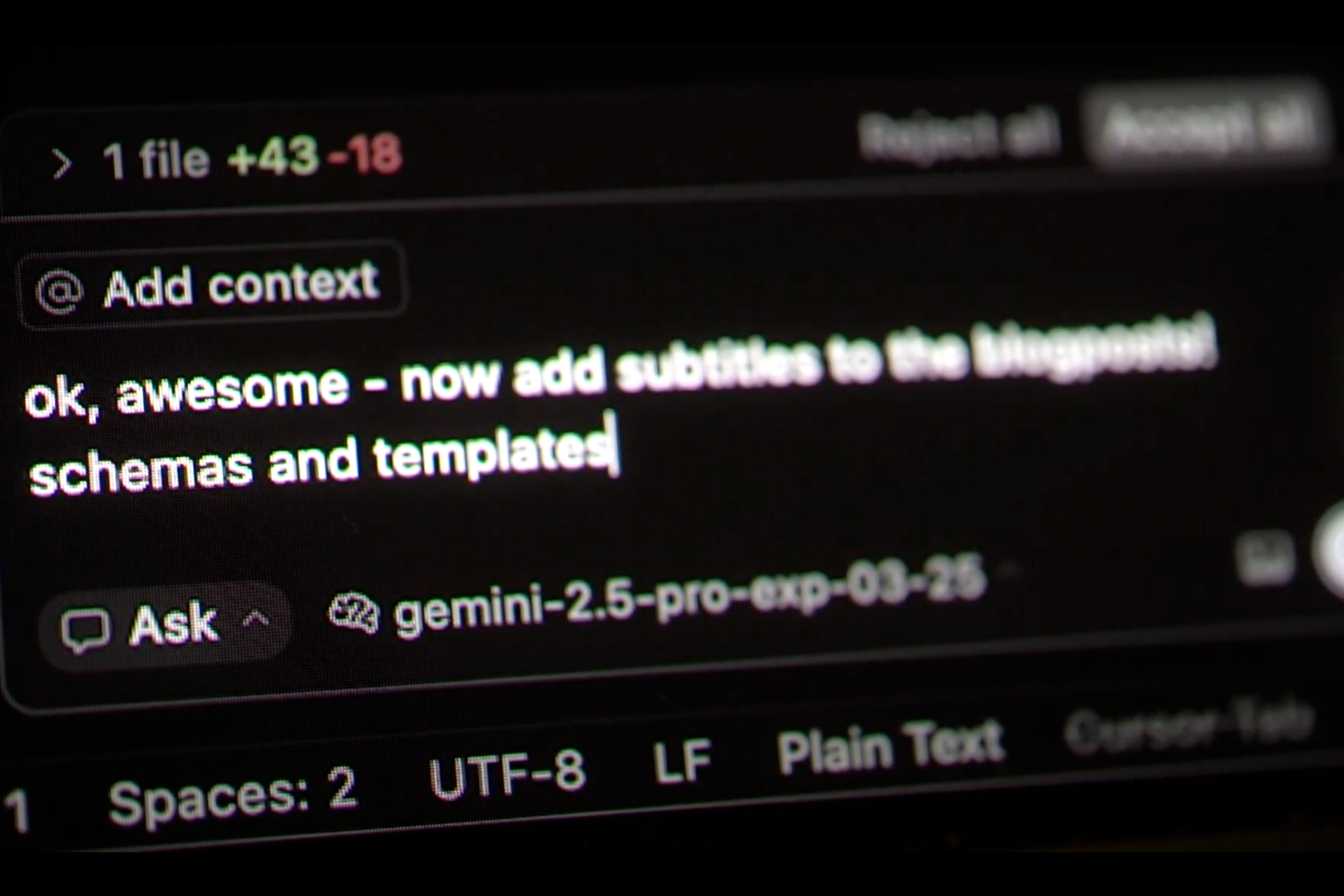a computer screen displays a message that says " ok awesome now add subtitles to the blogpost "