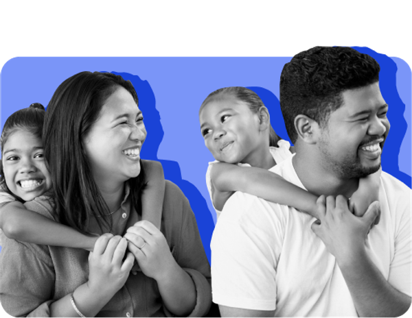 A family with two parents and two children smiles against a blue background